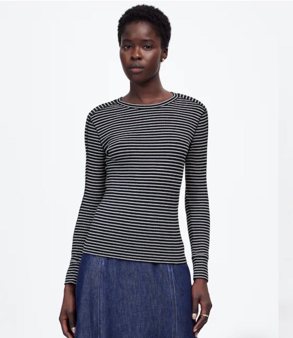 Madewell Blue White Striped Ribbed Knit Tee Sz L